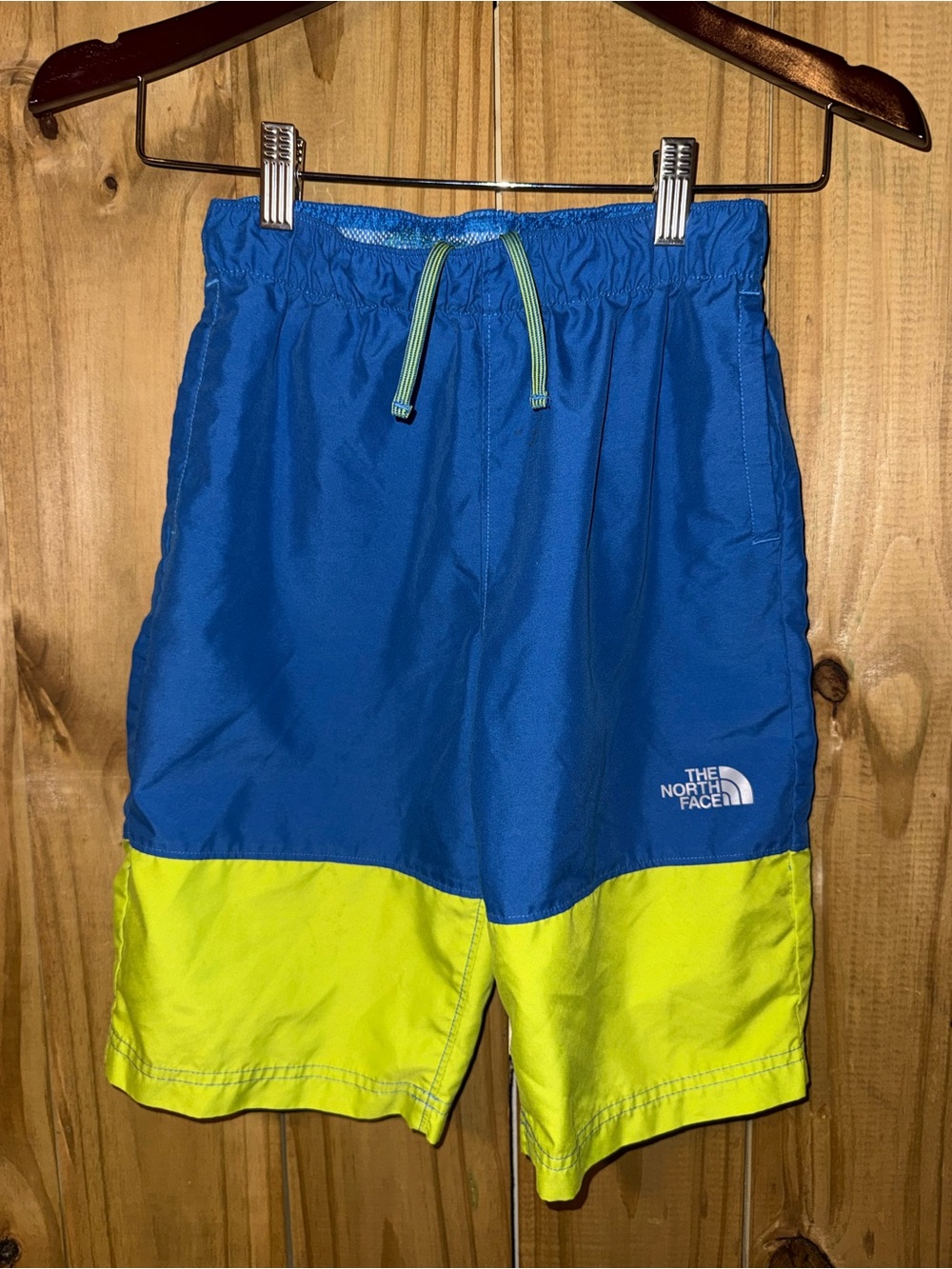 The North Face Blue and Neon Yellow boys Athletic/swim Shorts